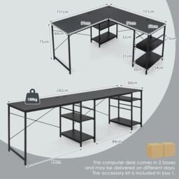 Costway L-Shaped Corner Computer Desk Study Writing Desk Home Office Workstation with Storage Shelf in Black - thumbnail 2