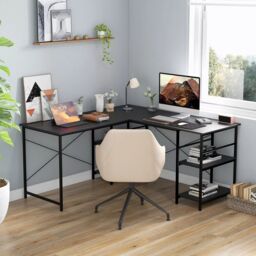 Costway L-Shaped Corner Computer Desk Study Writing Desk Home Office Workstation with Storage Shelf in Black - thumbnail 3
