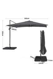 Living and Home 3M Large Square Canopy Rotatable Tilting Garden Rome Umbrella Cantilever Parasol with Square Fillable Base, Dark Grey - thumbnail 8