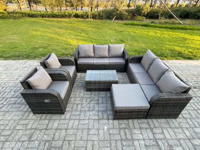 Fimous Rattan Outdoor Garden Furniture Sofa Set Patio Table & Chairs Set with 3 Seater Sofa Reclining Chair Big Footstool Dark Grey Mixed - image 1