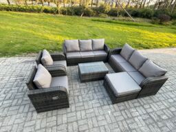 Fimous Rattan Outdoor Garden Furniture Sofa Set Patio Table & Chairs Set with 3 Seater Sofa Reclining Chair Big Footstool Dark Grey Mixed - thumbnail 2