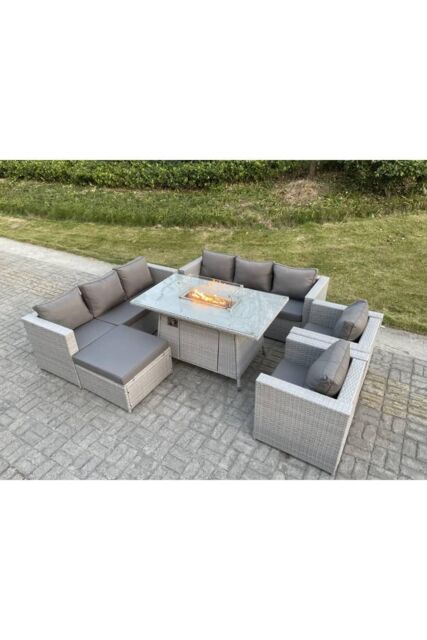 Fimous Rattan Set Gas Fire Pit Dining Table Heater Burner Lounge Sofa Set Chairs Footstool in Light Grey - image 1