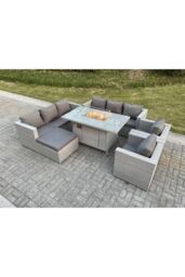 Fimous Rattan Set Gas Fire Pit Dining Table Heater Burner Lounge Sofa Set Chairs Footstool in Light Grey - thumbnail 4