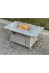 Fimous Rattan Set Gas Fire Pit Dining Table Heater Burner Lounge Sofa Set Chairs Footstool in Light Grey - thumbnail 5