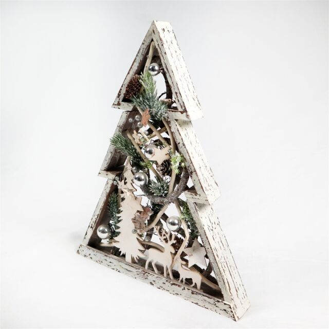 Shatchi Christmas Pre-Lit Warm White LED Frame Centrepiece Decoration with Pinecones & Baubles Star/Rectangle, Wooden Tree - image 1