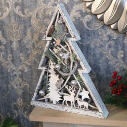 Shatchi Christmas Pre-Lit Warm White LED Frame Centrepiece Decoration with Pinecones & Baubles Star/Rectangle, Wooden Tree - thumbnail 2