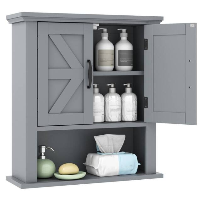 Costway Medicine Cabinet w/Doors Wall Mounted Bathroom Cabinet w/ Shelves in Grey - image 1