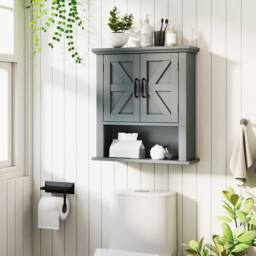 Costway Medicine Cabinet w/Doors Wall Mounted Bathroom Cabinet w/ Shelves in Grey - thumbnail 3