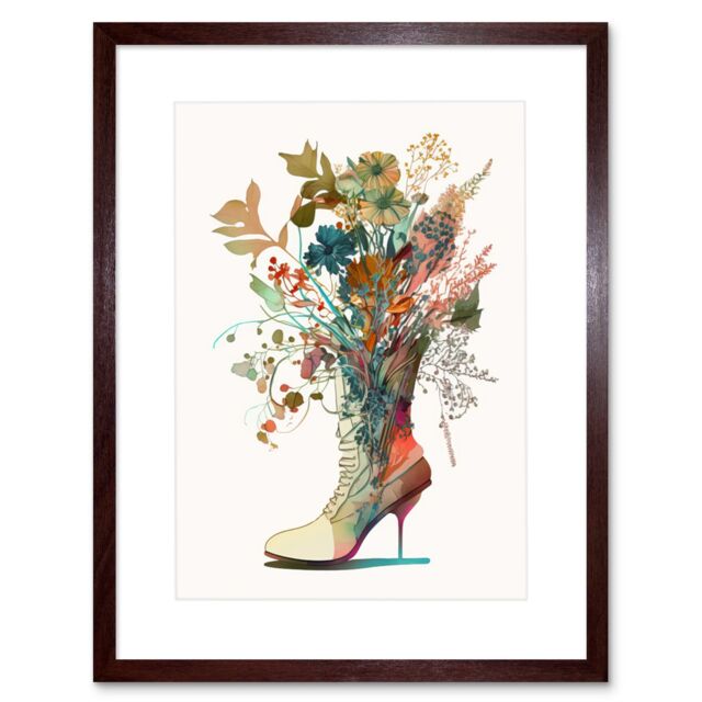 "Artery8 Wall Art Print Wildflower Bouquet in a Stiletto Heel Combat Boot Artwork Framed 9X7 Inch in Brown - Size: W7"" x H9""" - image 1