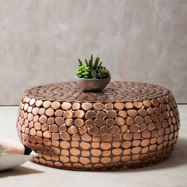 Orsina Iron Pebble Coffee Table, Modern Coffee Table, Industrial Coffee Table, Contemporary Drum Coffee Table in Gold - image 1
