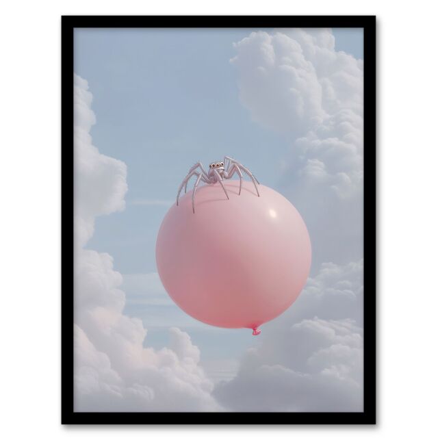 Artery8 Cute Jumping Spider on a Floating Pink Balloon Framed Art Print - Size: A4 - image 1