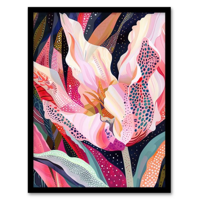 "Artery8 Dutch Tulip Mania Colourful Flower Folk Patterns Framed Wall Art in Pink - Size: W12"" x H16""" - image 1