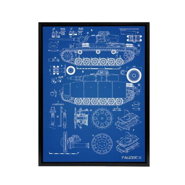 "Artery8 Panzer III 3 German Tank Blueprint Framed Canvas Wall Art Print in Blue - Size: W12"" x H16""" - image 1