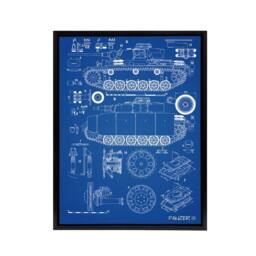 "Artery8 Panzer III 3 German Tank Blueprint Framed Canvas Wall Art Print in Blue - Size: W12"" x H16""" - thumbnail 1