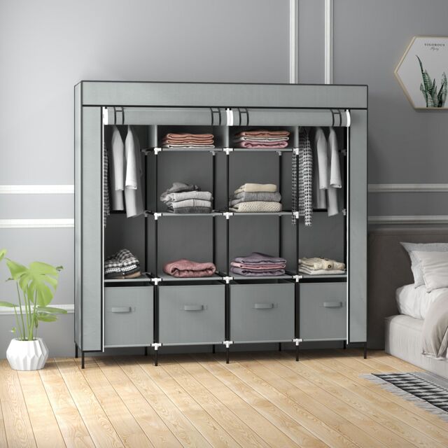 HOMCOM Fabric Wardrobe w/ 12 Shelves 2 Hanging Rails Foldable Closets in Dark Grey - image 1