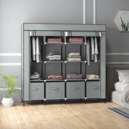 HOMCOM Fabric Wardrobe w/ 12 Shelves 2 Hanging Rails Foldable Closets in Dark Grey - thumbnail 1
