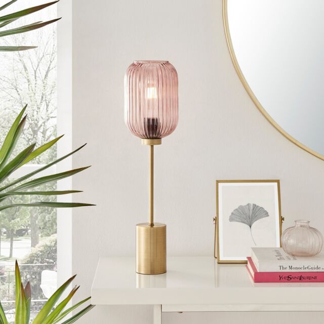 FurnitureboxUK Coral Brass Plated Retro Table Lamp With Pink Glass Shade in Gold - image 1