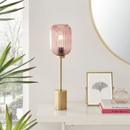 FurnitureboxUK Coral Brass Plated Retro Table Lamp With Pink Glass Shade in Gold