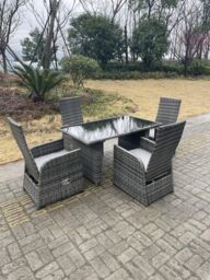 Fimous Outdoor PE Wicker Rattan Garden Furniture Reclining Chair & Table Dining Sets 4 Seater RectangularTable in Dark Grey - thumbnail 1