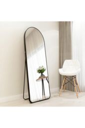 H&O Direct 40x150cm Black Metal Frame Arched Full Length Mirror with Stand - Wall-Mounted or Free-Standing - Size: 40x150 cm