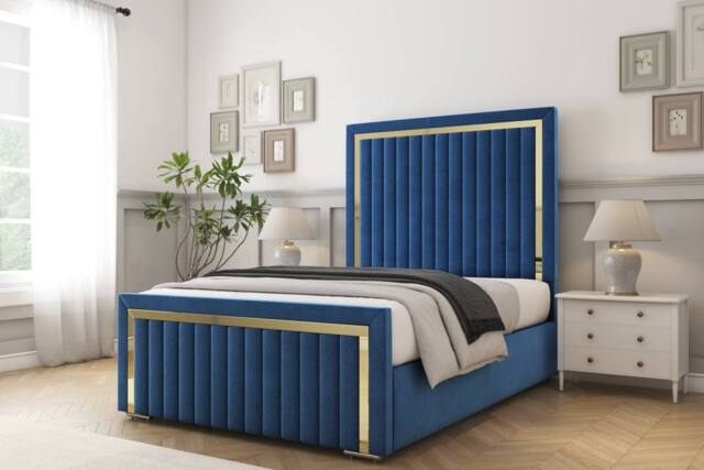 "Comfort Beds Boston Gold Plush Bed Frame - 50"" Upholstered Headboard in Navy - Size: Small Double" - image 1
