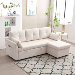 Direct Wicker L-Shape Sofa with Storage & Pull-Out Bed, 3-in-1 Convertible Couch in Beige - Size: 1 Pack - thumbnail 1