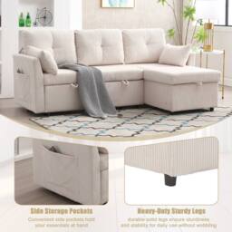 Direct Wicker L-Shape Sofa with Storage & Pull-Out Bed, 3-in-1 Convertible Couch in Beige - Size: 1 Pack - thumbnail 6