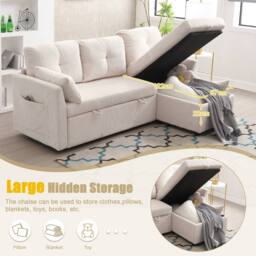 Direct Wicker L-Shape Sofa with Storage & Pull-Out Bed, 3-in-1 Convertible Couch in Beige - Size: 1 Pack - thumbnail 7