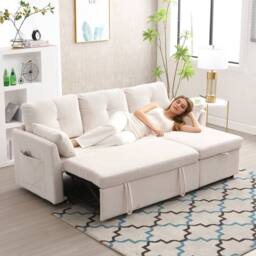 Direct Wicker L-Shape Sofa with Storage & Pull-Out Bed, 3-in-1 Convertible Couch in Beige - Size: 1 Pack - thumbnail 9