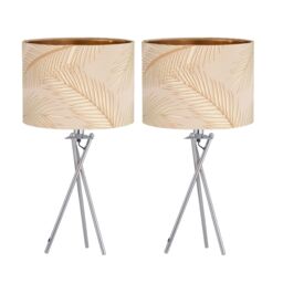 First Choice Lighting Set of 2 Tropica - Chrome Tripod Lamps with Champagne & Gold Shades in Silver