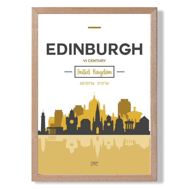 ARTZE Edinburgh Yellow & Black City Skyline Framed Print SIZE: A4 with Oak Frame - image 1