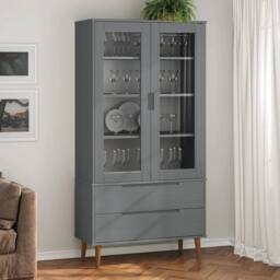 Berkfield Home Vitrine Cabinet MOLDE Grey 90x35x175 cm Solid Wood Pine - Size: 90 x 35 x 175 cm - thumbnail 2