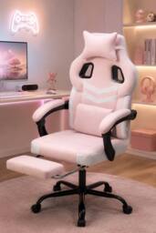 Living and Home Reclining Gaming Chair with Massage Lumbar Support & Footrest in Pink - thumbnail 1