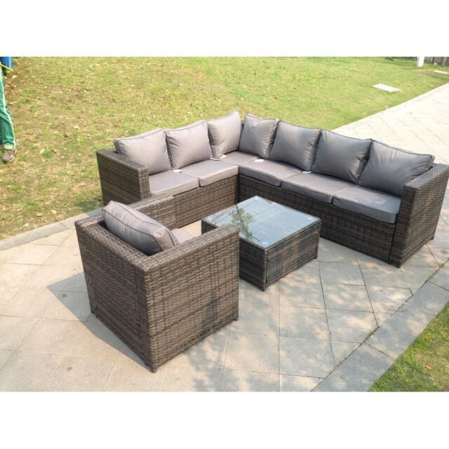 Fimous Pe Rattan Corner Sofa Set Outdoor Garden Furniture Square Coffee Table Armchair With Thick Cushion in Dark Grey - image 1