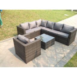 Fimous Pe Rattan Corner Sofa Set Outdoor Garden Furniture Square Coffee Table Armchair With Thick Cushion in Dark Grey - thumbnail 1