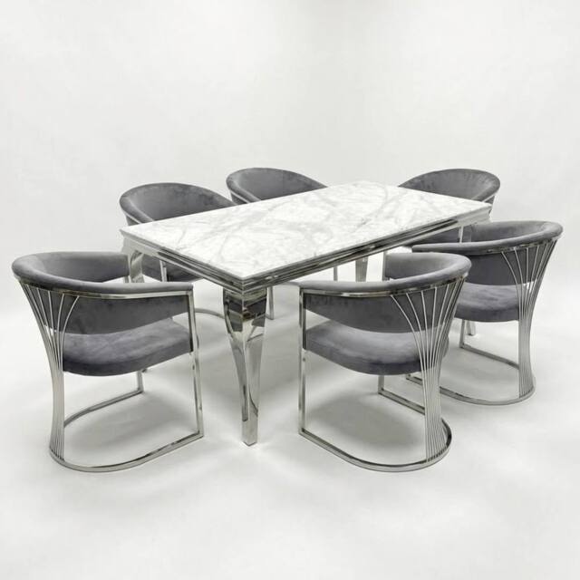 HOME LUXE INTERIOR 160cm Grey Marble & Silver Dining Table with 6 Porado Grey Chairs - image 1
