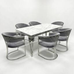 HOME LUXE INTERIOR 160cm Grey Marble & Silver Dining Table with 6 Porado Grey Chairs - thumbnail 1