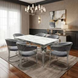 HOME LUXE INTERIOR 160cm Grey Marble & Silver Dining Table with 6 Porado Grey Chairs - thumbnail 3