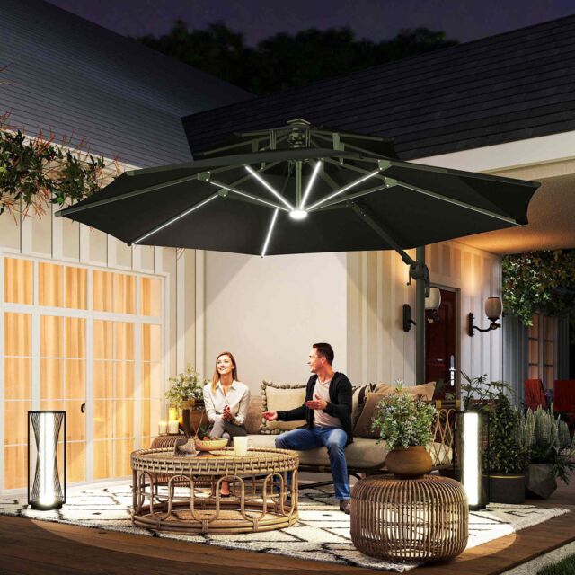 OUTSUNNY 3(m) Cantilever Roma Parasol with LED Solar Lights, Crank & Tilt in Dark Grey - image 1