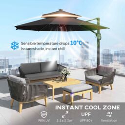 OUTSUNNY 3(m) Cantilever Roma Parasol with LED Solar Lights, Crank & Tilt in Dark Grey - thumbnail 5