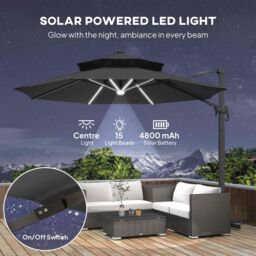 OUTSUNNY 3(m) Cantilever Roma Parasol with LED Solar Lights, Crank & Tilt in Dark Grey - thumbnail 4