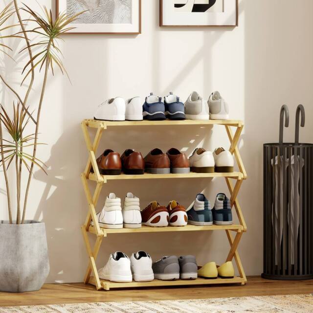 HOMCOM 4-Tier Bamboo Shoe Rack, Folding Shoe Shelf, Holds up to 12 Pairs in Natural - image 1