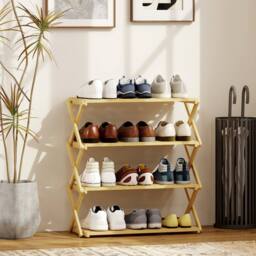 HOMCOM 4-Tier Bamboo Shoe Rack, Folding Shoe Shelf, Holds up to 12 Pairs in Natural - thumbnail 1
