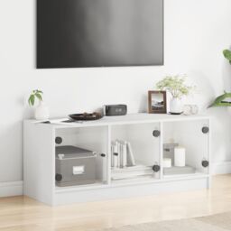 Berkfield Home TV Cabinet with Glass Doors White 102x37x42 cm - Size: 102 x 37 x 42 cm - thumbnail 3