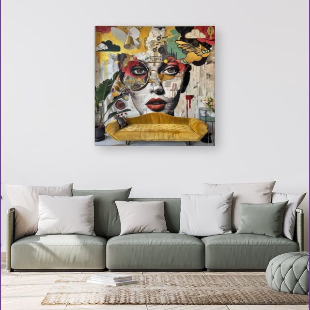 Warren Reed - Designer Abstract Face Behind Sofa Canvas - Size: w40 inch x h40 inch - image 1