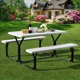 Costway Outdoor Picnic Table Bench Set Garden Dining Table & Bench Sets in White