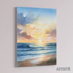 "Artery8 Beach Shore Waves Sunset Seascape Canvas Wall Art Print in Blue - Size: W24"" x H32""" - thumbnail 2