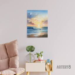 "Artery8 Beach Shore Waves Sunset Seascape Canvas Wall Art Print in Blue - Size: W24"" x H32""" - thumbnail 3