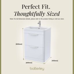 Balterley Modern Bathroom Floor 2 Drawer Vanity Unit Basin, Gloss White, 600mm in White - thumbnail 5