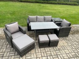 Fimous 8 Pcs Rattan Outdoor Garden Furniture Set Rectangular Dining Table & Chair Sofa Set With Side Table 3 Footstools in Dark Grey - thumbnail 2